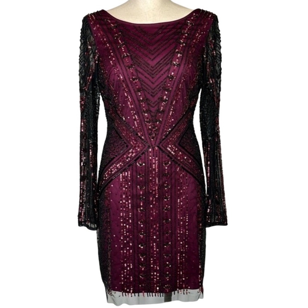 Aidan Mattox Plum Sequin Beaded Long Sleeve Cocktail Dress V-Back Size 2